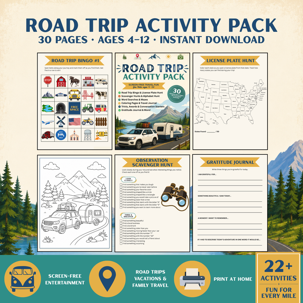 Road Trip Activity Pack for Kids — 30-Page Printable Travel Bundle (Ages 4–12)