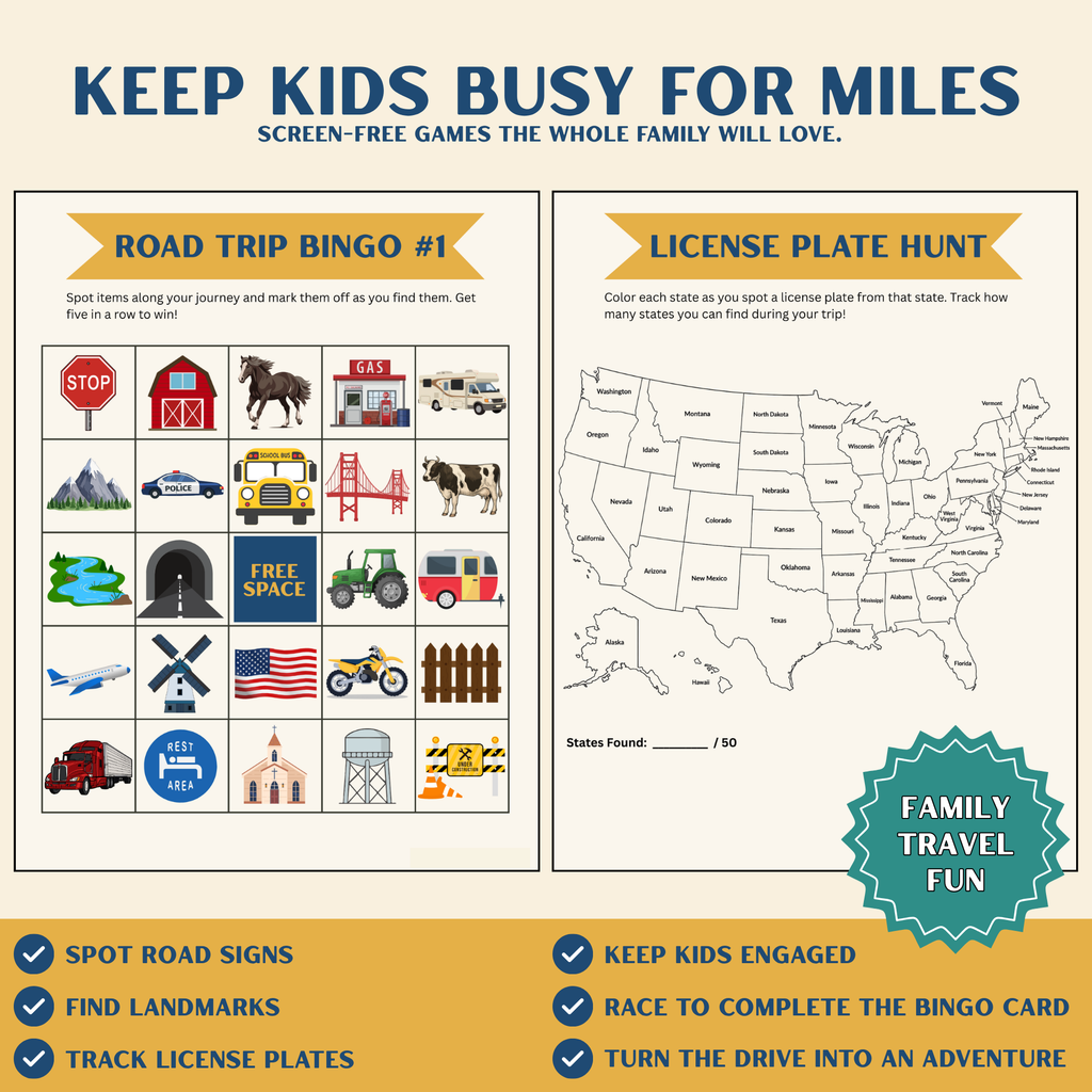 Road Trip Activity Pack for Kids — 30-Page Printable Travel Bundle (Ages 4–12)