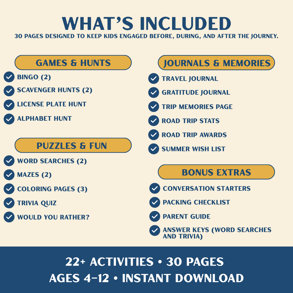 Road Trip Activity Pack for Kids — 30-Page Printable Travel Bundle (Ages 4–12)